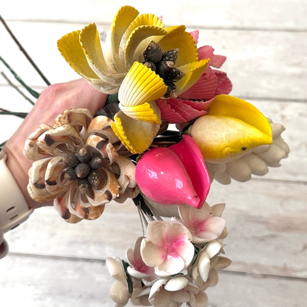 Sea Shell Flowers Hand Crafted Floral Arrangement Bundle Yellow Pink White 8 Ct